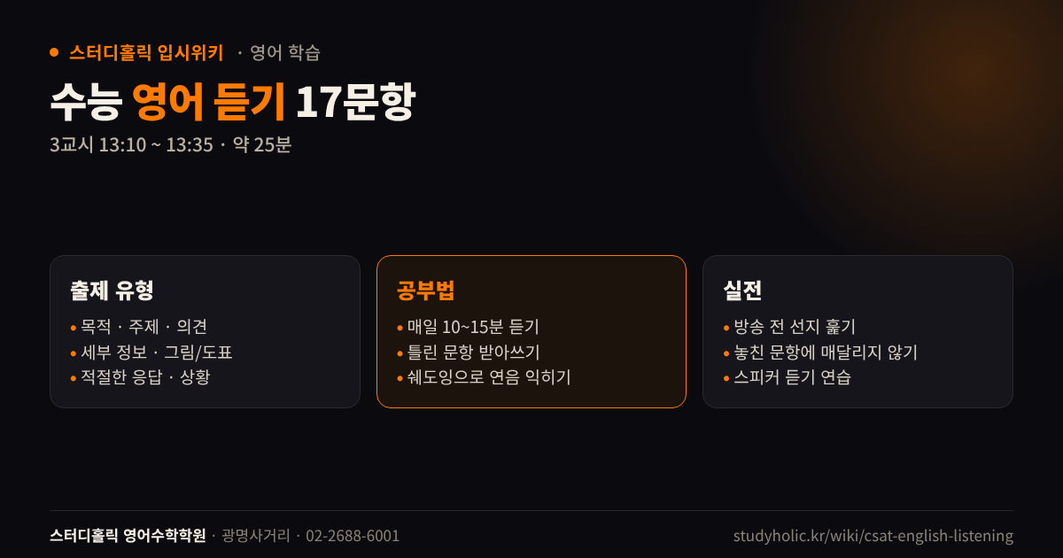 수능 영어 듣기 17문항 출제 유형 공부법 실전 요령 정리