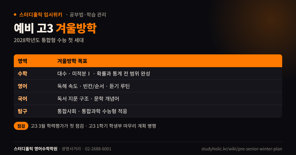 예비 고3 겨울방학 영역별 공부 목표 표