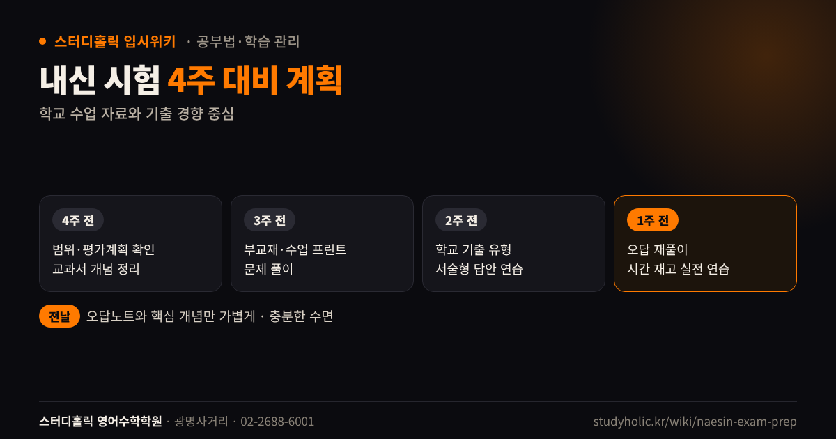 내신 시험 4주 전부터 1주 전까지 주차별 공부 계획표